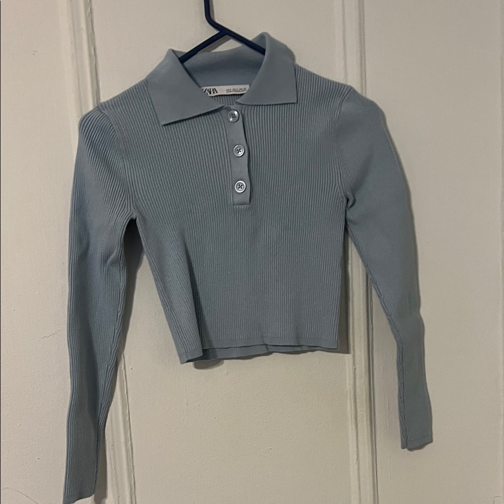 Zara Light Blue Ribbed Button-Up Polo Shirt